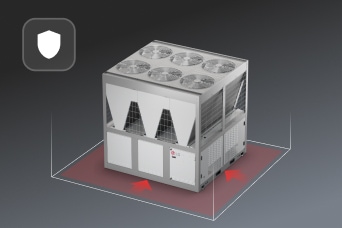 Inwerterowy chiller spiralny LG jest widoczny w przestrzeni 3D z czerwonymi strza?kami.	