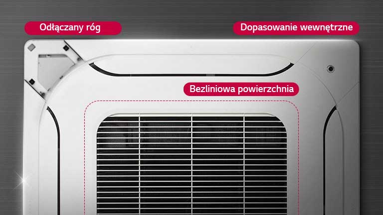 Widok od do?u jednostki sufitowej LG z trzema kluczowymi cechami: odczepianym rogiem, dopasowaniem do wn?trza oraz powierzchni? bez linii do wentylacji centralnej.