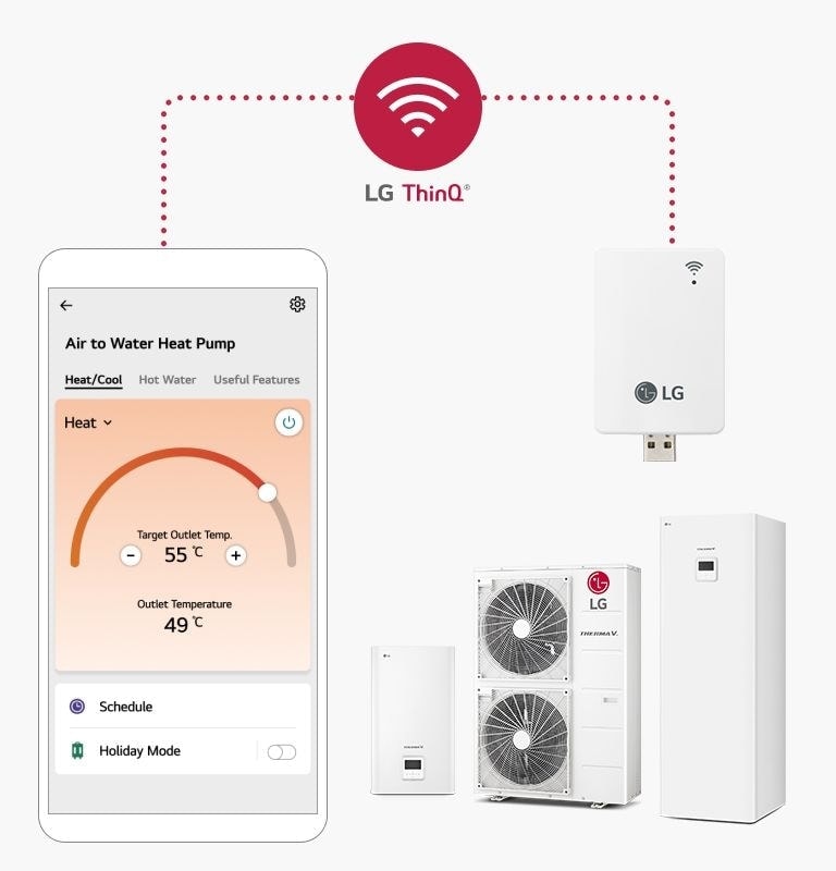 Ekran smartfona z aplikacj? LG ThinQ do kontroli temperatury pompy ciep?a. Obok znajduj? si? jednostka zewn?trzna LG, modu? ??czno?ci i zbiornik na wod?.
