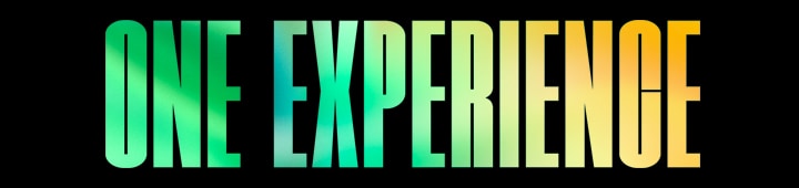 Napis ?ONE EXPERIENCE” w zielono-?ó?tym gradiencie.