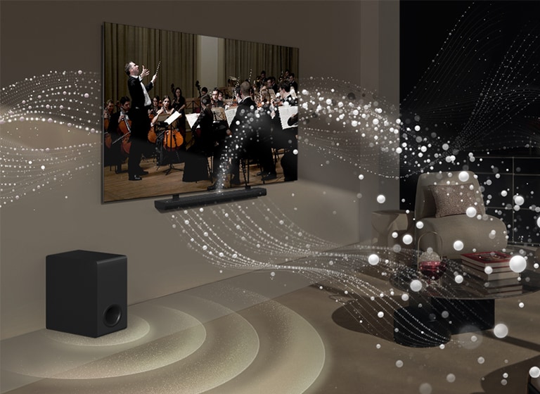 Pilot LG jest skierowany w stron? LG TV z LG Soundbar umieszczonym pod spodem. Ekran LG TV pokazuje menu interfejsu WOW.