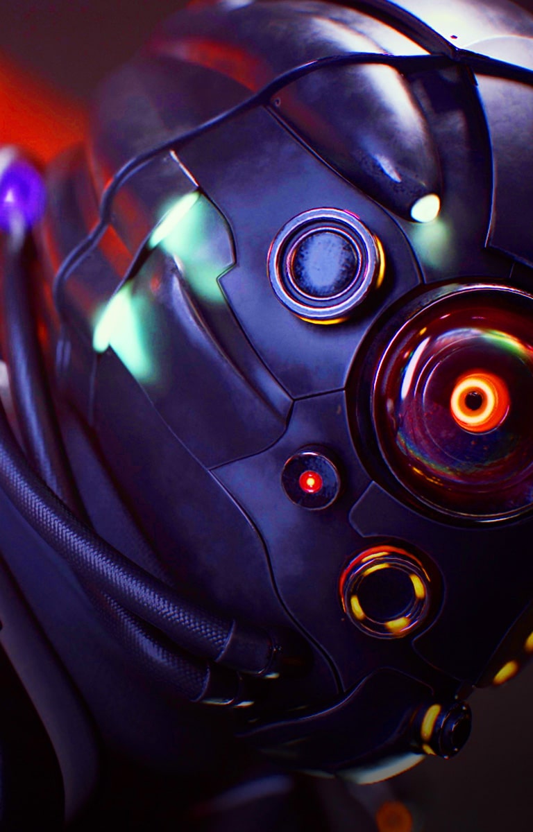 Zbli?enie na posta? z gry sci-fi w he?mie o zaokr?glonych kszta?tach.