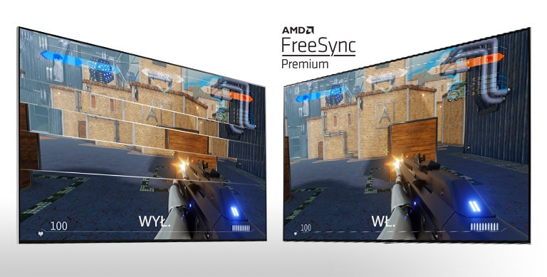 Dwa ekrany telewizora ustawione obok siebie, na których wida? kadr z gry w strzelanie. Po lewej stronie technologia FreeSync jest wy??czona, a po prawej technologia FreeSync jest w??czona.