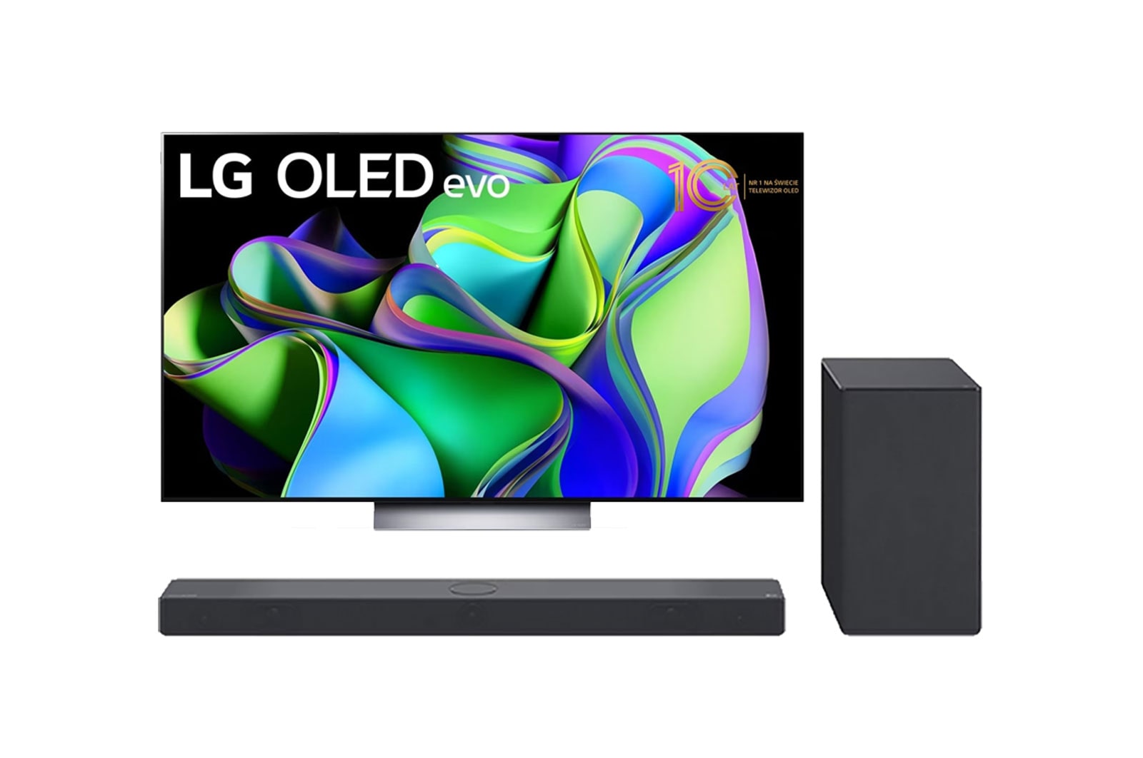Widok z przodu telewizora LG OLED z napisem Od 10 lat telewizor OLED nr 1 na ?wiecie na ekranie.+Widok z przodu soundbaru i woofera