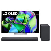 Widok z przodu telewizora LG OLED z napisem Od 10 lat telewizor OLED nr 1 na ?wiecie na ekranie.+Widok z przodu soundbaru i woofera