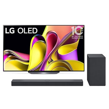 LG OLEDi eestvaade embleemiga 10 aastat maailma nr. 1 OLED +  Widok z przodu soundbaru i woofera