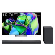 Widok z przodu telewizora LG OLED evo, napis Od 10 lat telewizor OLED nr 1 na ?wiecie oraz soundbar pod spodem +  Widok z przodu soundbaru i woofera