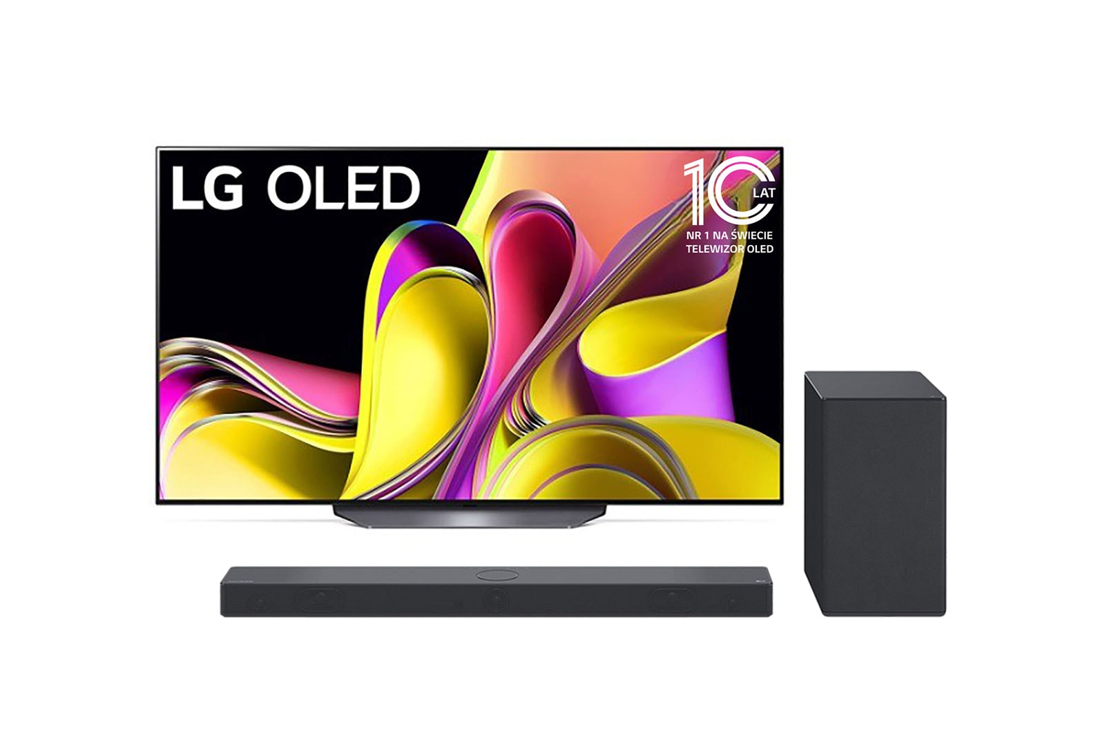 LG OLEDi eestvaade embleemiga 10 aastat maailma nr. 1 OLED. + Widok z przodu soundbaru i woofera