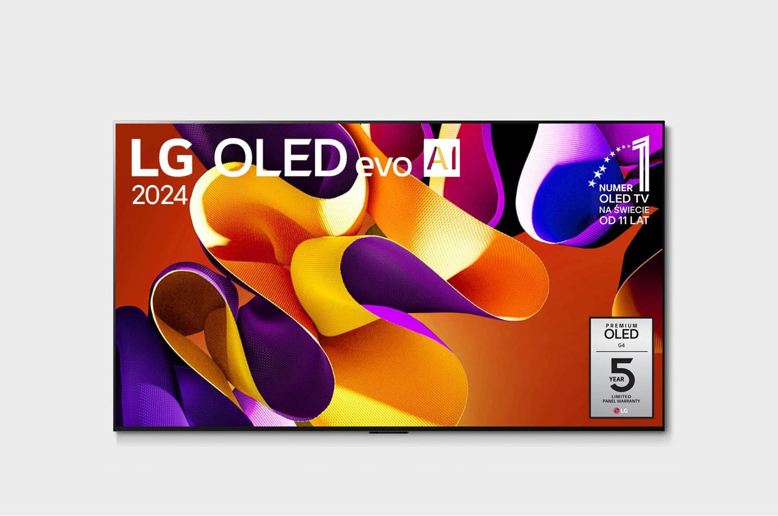 Widok z przodu LG OLED evo AI TV, OLED G4, logo emblematu ?11 Years of World Number 1 OLED” i logo webOS Re:New Program i logo 5-letniej gwarancji na panel na ekranie
