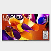 Widok z przodu LG OLED evo AI TV, OLED G4, logo emblematu ?11 Years of World Number 1 OLED” i logo webOS Re:New Program i logo 5-letniej gwarancji na panel na ekranie