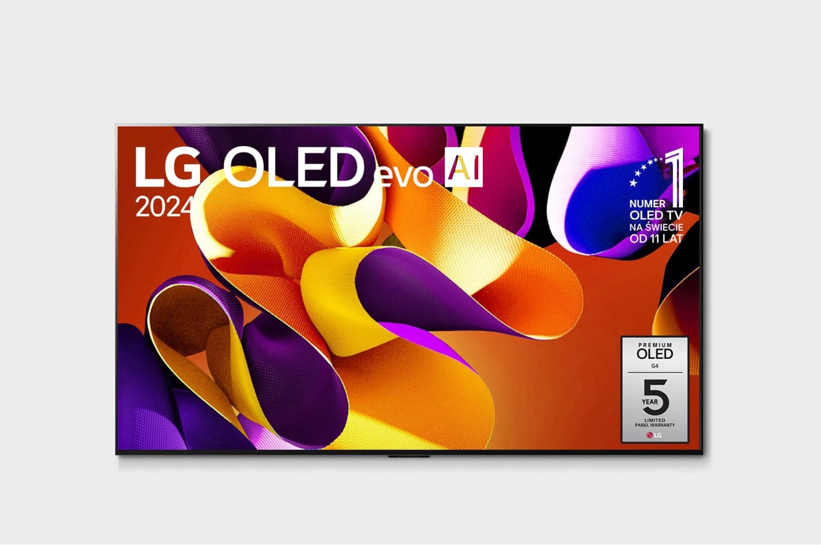 Widok z przodu LG OLED evo AI TV, OLED G4, logo emblematu ?11 Years of World Number 1 OLED” i logo webOS Re:New Program na ekranie