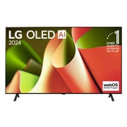 Widok z przodu LG OLED TV, OLED AI B4, logo emblematu ?11 Years of World Number 1 OLED” i logo programu webOS Re:New na ekranie z 2-biegunow? podstawk?