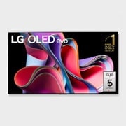 Widok od przodu telewizora LG OLED evo, napis Od 10 lat telewizor OLED nr 1 na ?wiecie, i logo 5-letniej gwarancji na matryc?