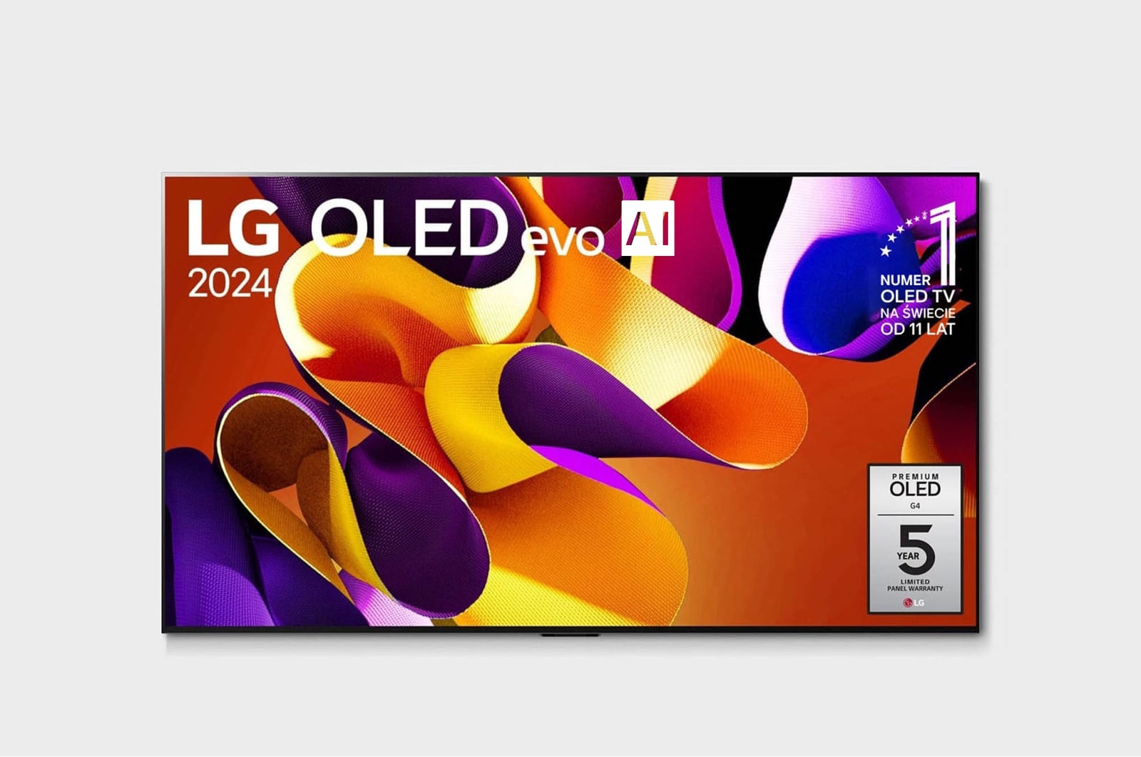 Widok z przodu LG OLED evo AI TV, OLED G4, logo emblematu ?11 Years of World Number 1 OLED” i logo webOS Re:New Program na ekranie