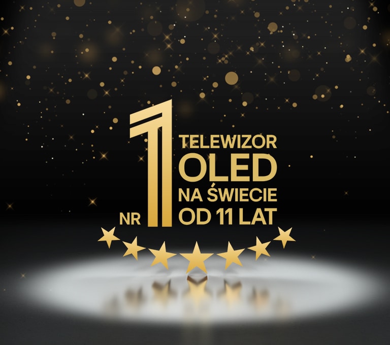"Z?oty emblemat ?Najlepszy na ?wiecie OLED TV od 11 lat” na czarnym tle. Na emblemacie ?wieci reflektor, a z?ote abstrakcyjne gwiazdy wype?niaj? niebo powy?ej.	"