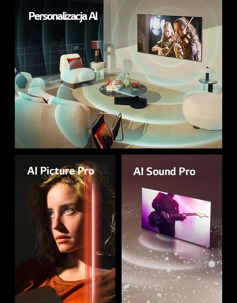 LG OLED, w nowoczesnym salonie, wy?wietlaj?cy na ekranie wyst?p muzyczny. Niebieskie okr?g?e fale przedstawiaj?ce personalizacj? otaczaj? telewizor i przestrzeń.  Kobieta z przenikliwymi niebieskimi oczami i pomarańczowym topem w ciemnej przestrzeni. Czerwone linie przedstawiaj?ce udoskonalenia AI pokrywaj? cz??? jej jasnej i szczegó?owo odwzorowanej twarzy, podczas gdy reszta obrazu wygl?da ponuro.   LG OLED TV emituje z ekranu b?belki i fale d?wi?kowe, które wype?niaj? przestrzeń.