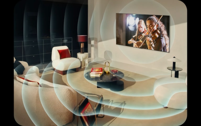 LG OLED TV w nowoczesnym mieszkaniu w mie?cie. Nad obrazem pojawia si? nak?adka z siatk?, niczym skan przestrzeni, po czym z ekranu wystrzeliwuj? niebieskie fale d?wi?kowe, idealnie wype?niaj?c pomieszczenie d?wi?kiem.