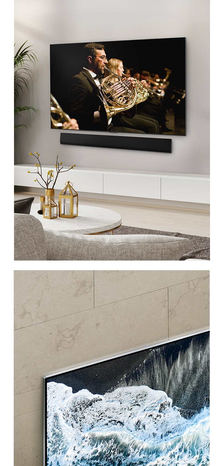 LG OLED TV, OLED G4 widoczny pod k?tem na tle marmurowej ?ciany, pokazuj?cy, jak si? z ni? zlewa.   LG OLED TV, OLED G4 i soundbar LG w czystej przestrzeni mieszkalnej p?asko przy ?cianie z orkiestr? odtwarzan? na ekranie.