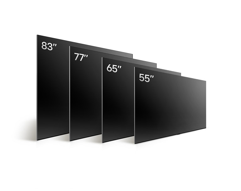Porównanie LG OLED TV, OLED G4 w ró?nych rozmiarach, pokazuj?ce OLED G4 55", OLED G4 65", OLED G4 77" i OLED G4 83".