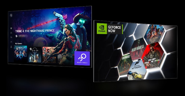 Obraz ekranu g?ównego Boosteroid przedstawiaj?cy ?Trine 4: The Nightmare Price”.  Ekran g?ówny GeForce NOW pokazuj?cy pi?? ró?nych miniatur gier po prawej stronie.