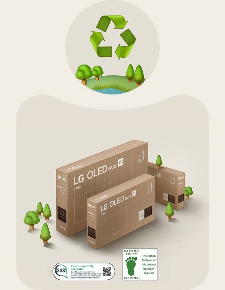 Opakowanie LG OLED na be?owym tle z ilustracjami drzew.