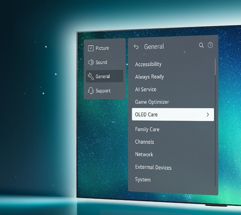 OLED TV stoi po prawej stronie obrazu. Na ekranie pojawi si? menu pomocy technicznej i wybrane zostanie menu OLED Care.