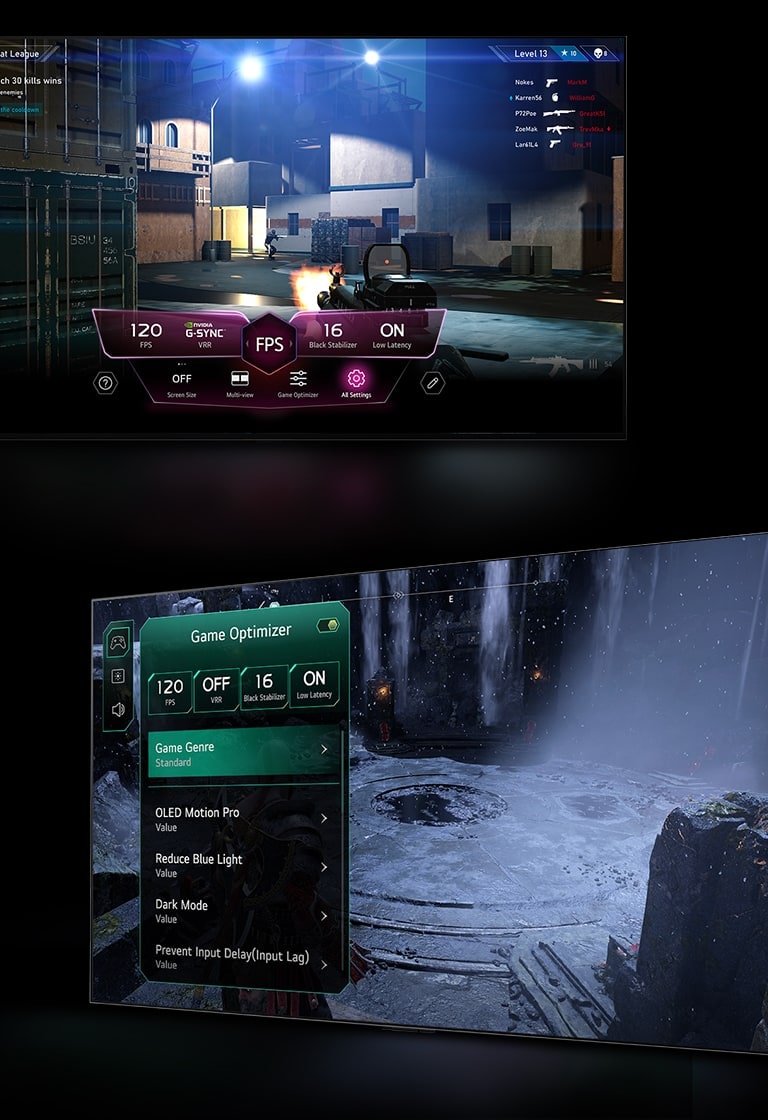 Scena z gry FPS z pulpitem gry, pojawiaj?cym si? nad ekranem podczas rozgrywki.   Ciemna, zimowa scena z menu Game Optimizer pojawiaj?cym si? nad gr?.