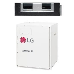 Klimatyzator LG Multi V M, sk?adaj?cy si? z czarnej jednostki wewn?trznej montowanej na suficie i bia?ej jednostki zewn?trznej ze spr??ark?. Widoczne jest logo firmy LG.