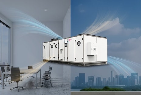 Model LG AHU, który zapewnia wysok? jako?? powietrza wewn?trznego, znajduje si? przed t?em podzielonym na 'biuro' i 'budynki', a efektywna filtracja powietrza przez produkt generuje przep?yw powietrza przedstawiony jako linie.
