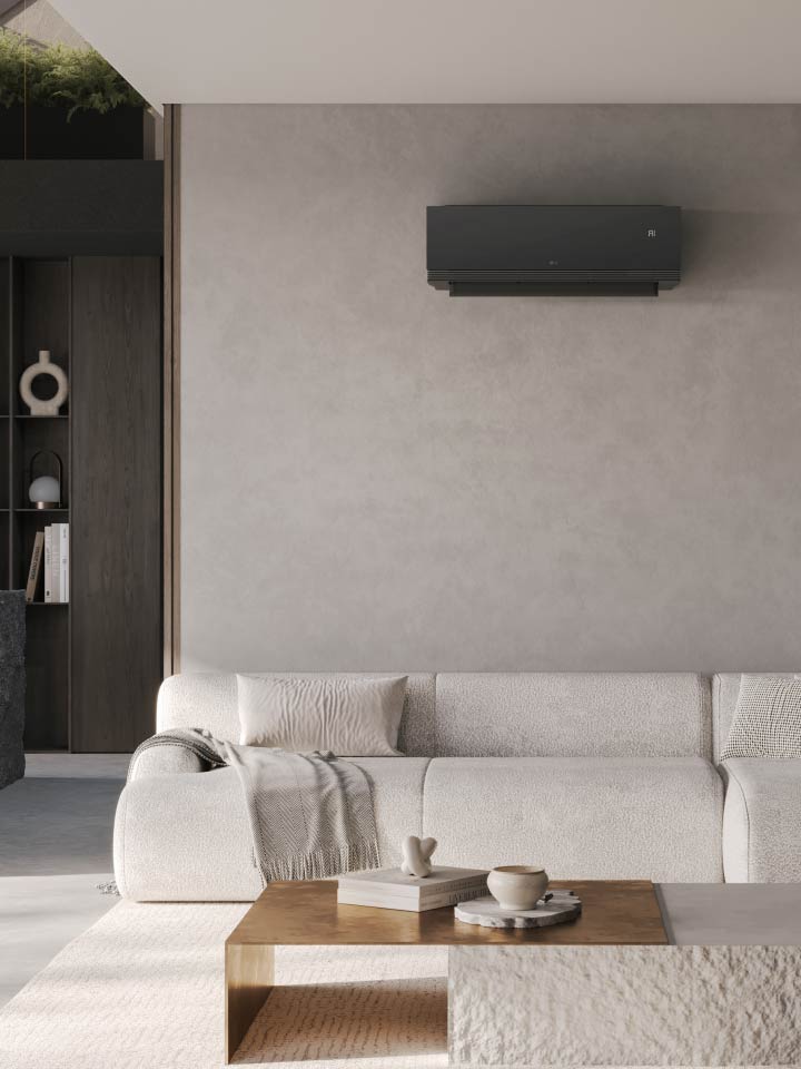 Klimatyzator LG ARTCOOL z wysokiej jako?ci czarn? lustrzan? obudow? i funkcj? AI Air, idealnie komponuje si? z nowoczesnym wn?trzem.	