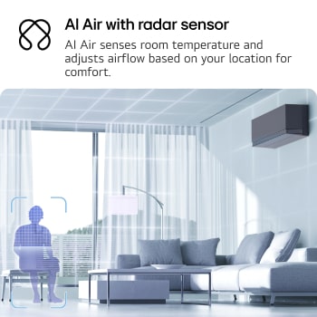 Ilustracja technologii LG AI Air w salonie z klimatyzatorem na?ciennym. System dostosowuje przep?yw powietrza, wykrywaj?c temperatur? w pomieszczeniu i lokalizacj? u?ytkownika. Towarzysz?cy tekst brzmi nast?puj?co: 'AI Air z czujnikiem radarowym: AI Air wykrywa temperatur? w pomieszczeniu i dostosowuje przep?yw powietrza w oparciu o lokalizacj? u?ytkownika, zapewniaj?c komfort”.