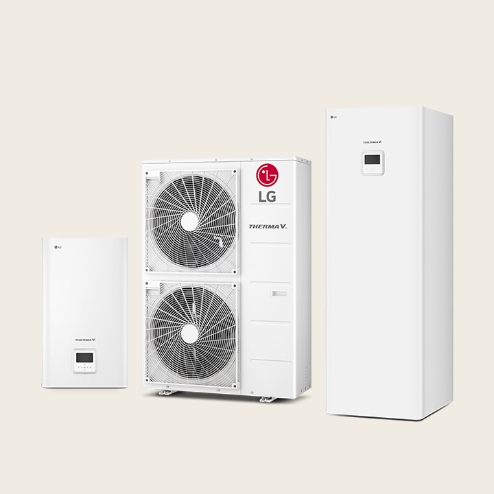 Linia produktów LG THERMA V Hydrosplit - Hydro box po lewej stronie, Zintegrowany zbiornik CWU po prawej stronie, a jednostka zewn?trzna w ?rodku.