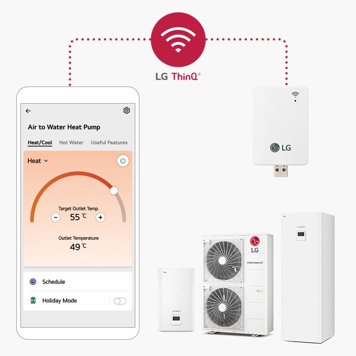 Smartfon pokazuj?cy sygna? WiFi znajduje si? po lewej stronie, po??czony z pomp? ciep?a LG typu Hydrosplit po prawej stronie za pomoc? przerywanej linii.