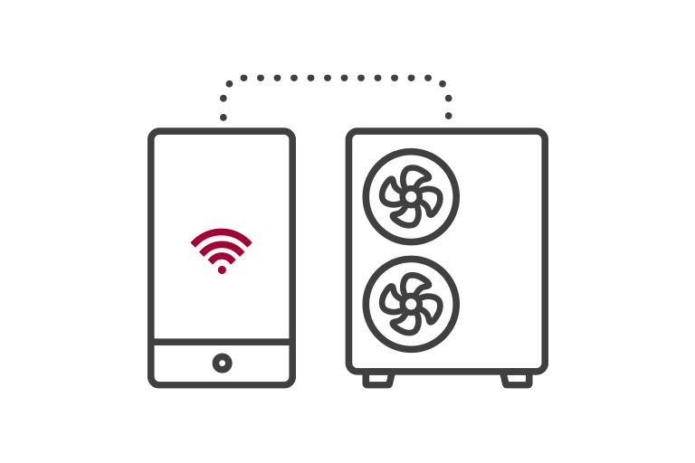 Smartfon pokazuj?cy sygna? WiFi znajduje si? po lewej stronie, po??czony z pomp? ciep?a LG typu hydrosplit po prawej stronie za pomoc? przerywanej linii.