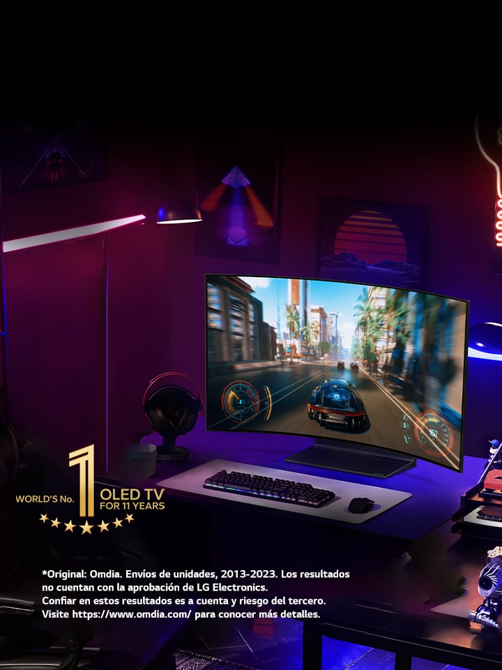 Zdj?cie LG OLED evo G3 na ?cianie nowoczesnego, ekspresyjnego nowojorskiego apartamentu z romantyczn? nocn? scen? odtwarzan? na ekranie.  Emblemat ?10 Year World's No.1 OLED TV”.
