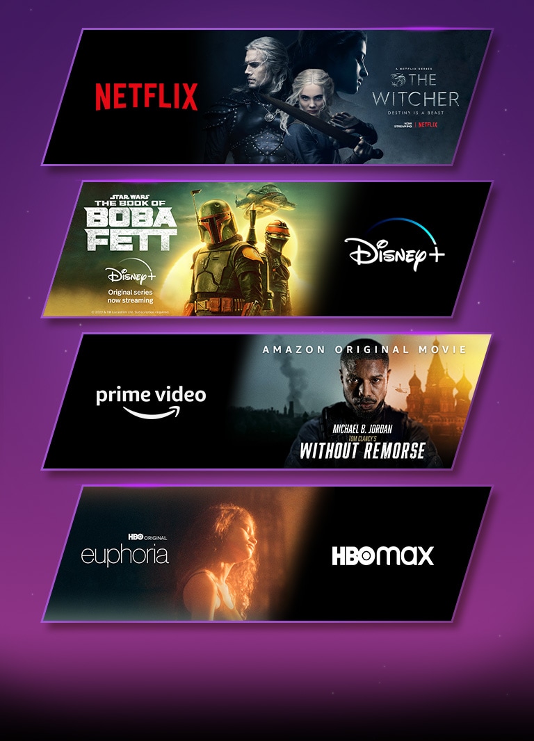 S? trzy bloki – ka?dy zawiera logo platformy streamingowej i kadr z filmu. Logo Netflix z Wied?minem, logo Apple TV plus z Fundacj? oraz logo prime video z Bez skrupu?ów Toma Clancy'ego.