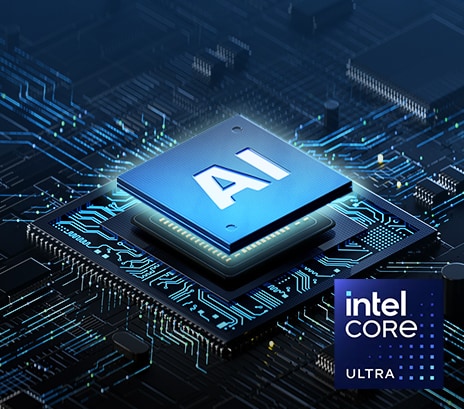 Das Bild zeigt eine Nahaufnahme eines Computerchips mit der Aufschrift ?KI“ in der Mitte, umgeben von einer leuchtenden Platine. Der Text oben lautet: ?KI-optimierter Prozessor“ und unten rechts befindet sich das Intel Core Ultra-Logo, das die fortschrittlichen KI-Verarbeitungsfunktionen hervorhebt.