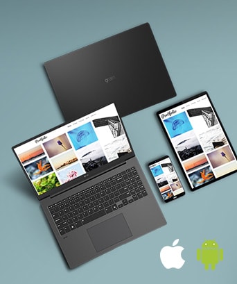 Das Bild zeigt einen LG gram Laptop, ein Tablet und ein Smartphone, die synchronisierte Inhalte anzeigen. Der Text lautet: ?LG gram Link – Bleibe immer in Verbindung“ mit Apple- und Android-Logos unten rechts, um die ger?teübergreifende Kompatibilit?t zu betonen.