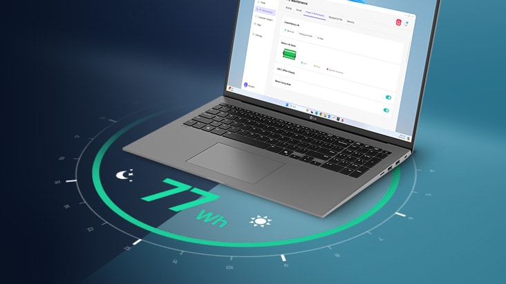 Ein Laptop, auf dessen Bildschirm eine Schnittstelle für den Akkuverbrauch angezeigt wird, umgeben von einer kreisf?rmigen visuellen Darstellung der Zeit. Der Text ?77?Wh“ ist deutlich sichtbar und hebt die Akkulaufzeit hervor.