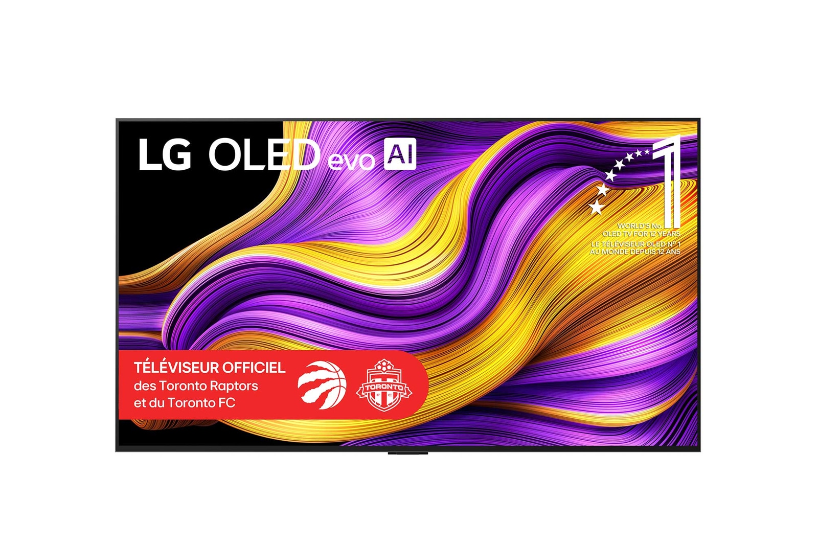 Vue avant du téléviseur Smart TV LG OLED evo AI G5 4K. L’emblème OLED 12?ans numéro?1 mondial et le logo LG OLED evo IA 2025 apparaissent sur l’écran.