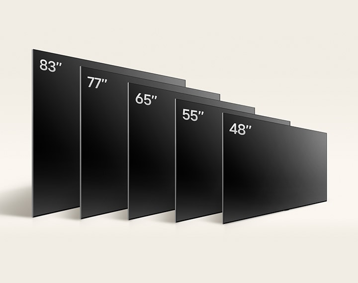 Uma imagem que compara os vários tamanhos do LG OLED B4, mostrando 48", 55", 65" e 77".