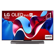 Vista frontal com a LG OLED evo TV, OLED C4, o logótipo do emblema dos 11 anos da OLED número 1 do mundo e o logótipo do webOS Re:New Program no ecr?, assim como a barra de som abaixo