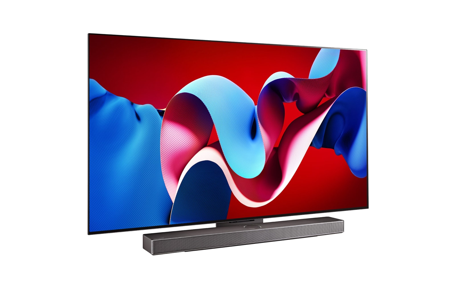 Vista lateral direita ligeiramente inclinada da LG OLED evo TV, OLED C4 com uma LG Soundbar abaixo