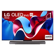 Vista frontal com a LG OLED evo TV, OLED C4, o logótipo do emblema dos 11 anos da OLED número 1 do mundo e o logótipo do webOS Re:New Program no ecr?, assim como a barra de som abaixo
