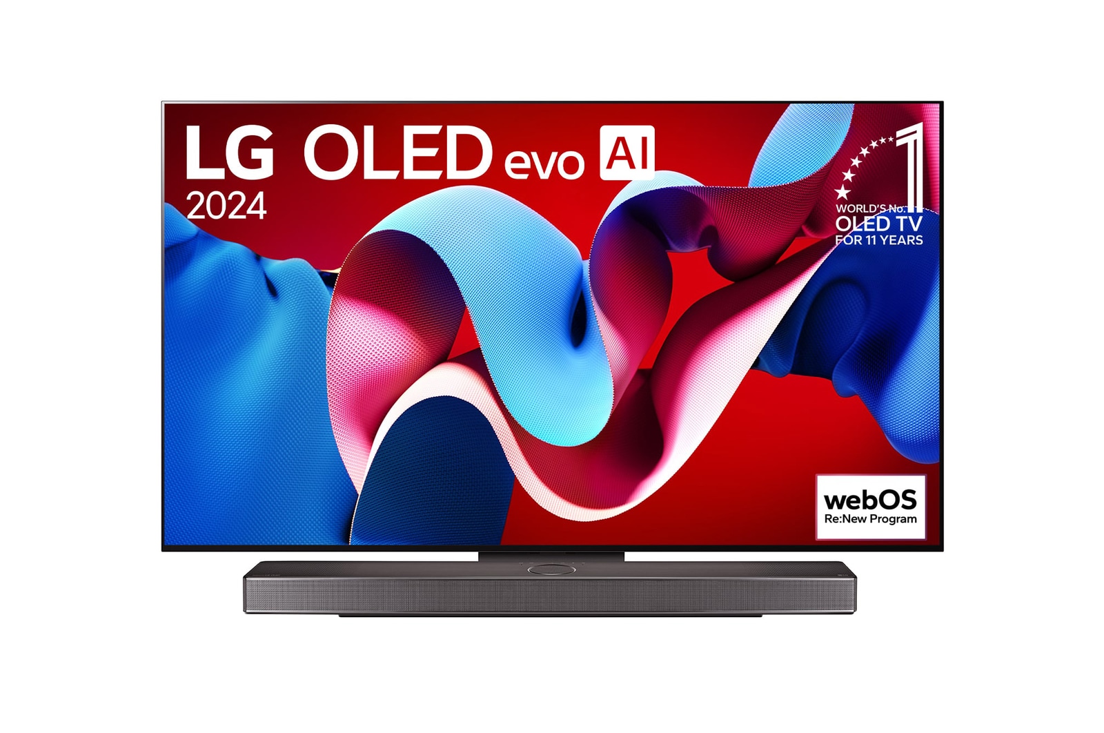 Vista frontal com a LG OLED evo TV, OLED C4, o logótipo do emblema dos 11 anos da OLED número 1 do mundo e o logótipo do webOS Re:New Program no ecr?, assim como a barra de som abaixo