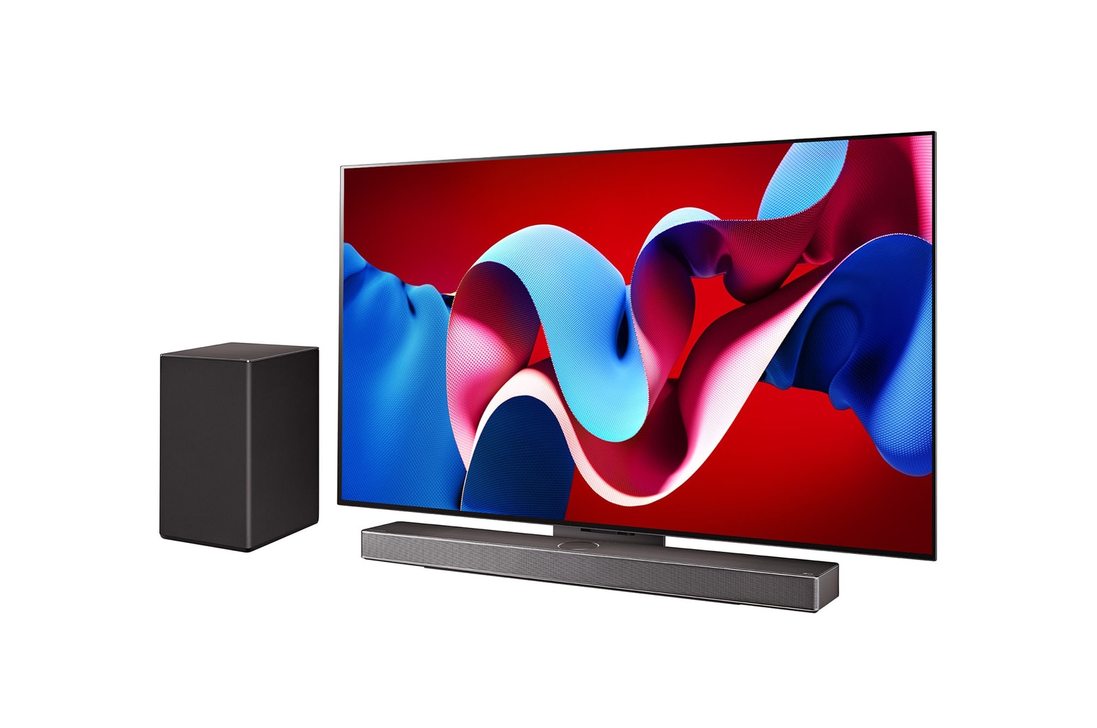 Vista lateral direita ligeiramente inclinada da LG OLED evo TV, OLED C4 com uma LG Soundbar abaixo e um subwoofer ao lado