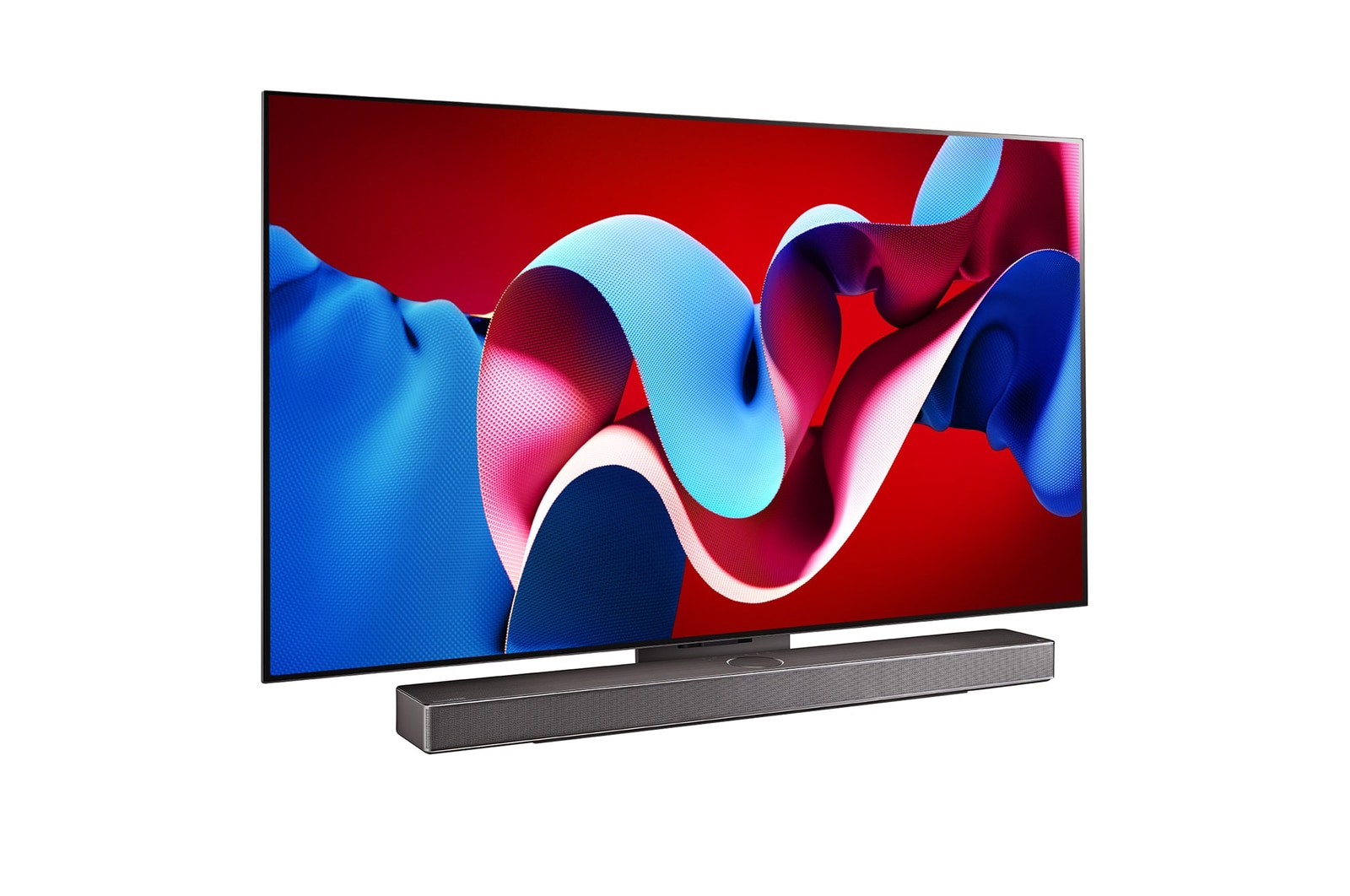Vista lateral direita ligeiramente inclinada da LG OLED evo TV, OLED C4 com uma LG Soundbar abaixo