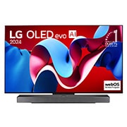 Vista frontal com a LG OLED evo TV, OLED C4, o logótipo do emblema dos 11 anos da OLED número 1 do mundo e o logótipo do webOS Re:New Program no ecr?, assim como a barra de som abaixo