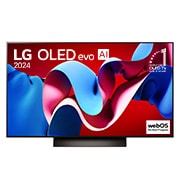 Vista frontal com a LG OLED evo TV, OLED C4, o emblema dos 11 anos da OLED número 1 do mundo e o logótipo do webOS Re:New Program no ecr?