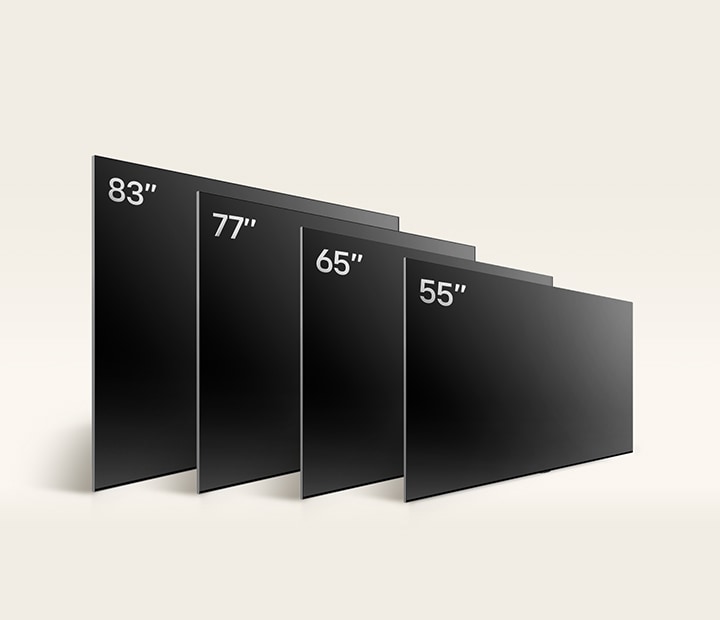 Uma imagem a comparar os vários tamanhos da LG OLED G3, a mostrar 55", 65", 77" e 83".